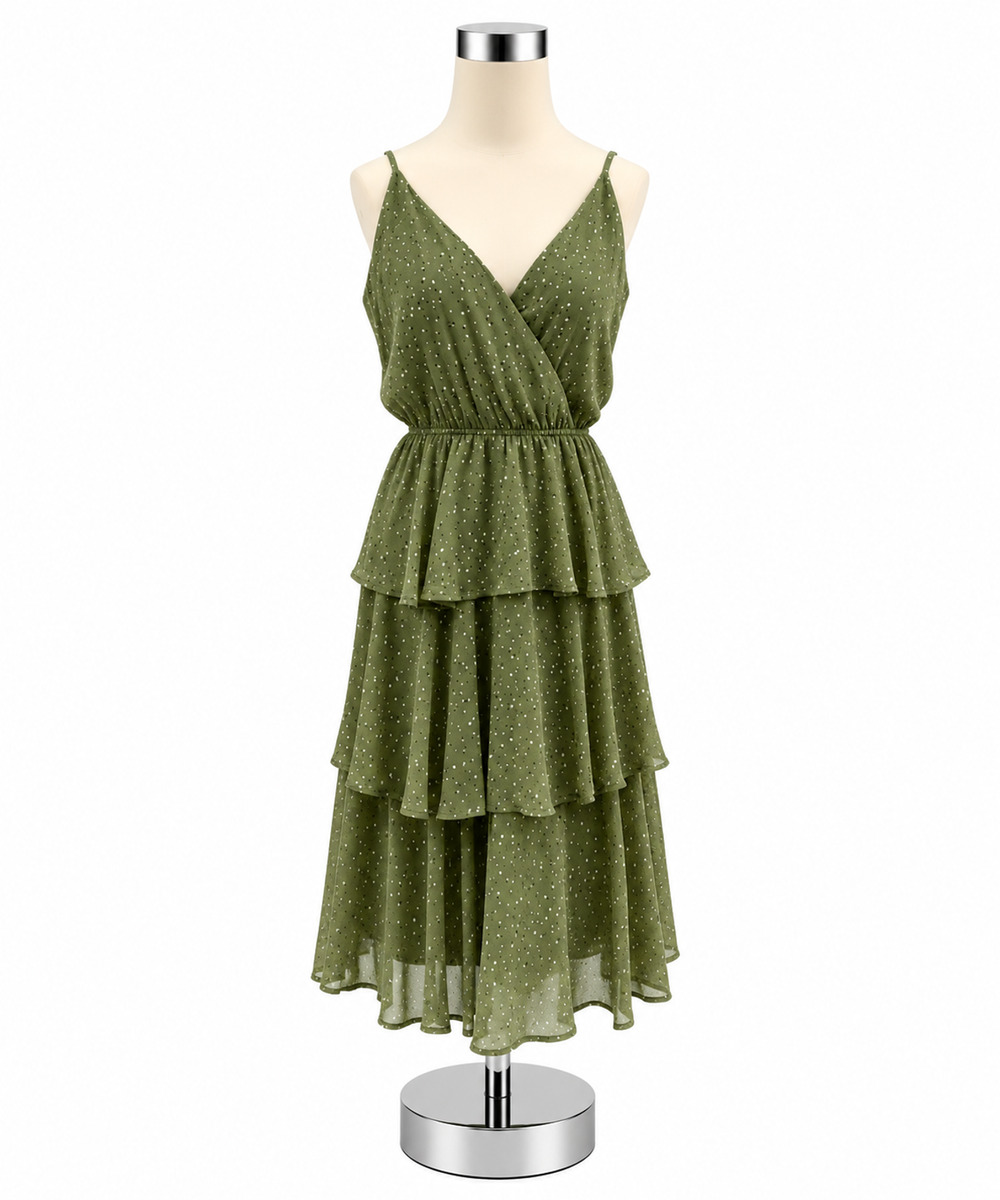 fab'rik Olive Green & Rust Ditsy Dot Tiered Ruffle Midi Dress | Size Large